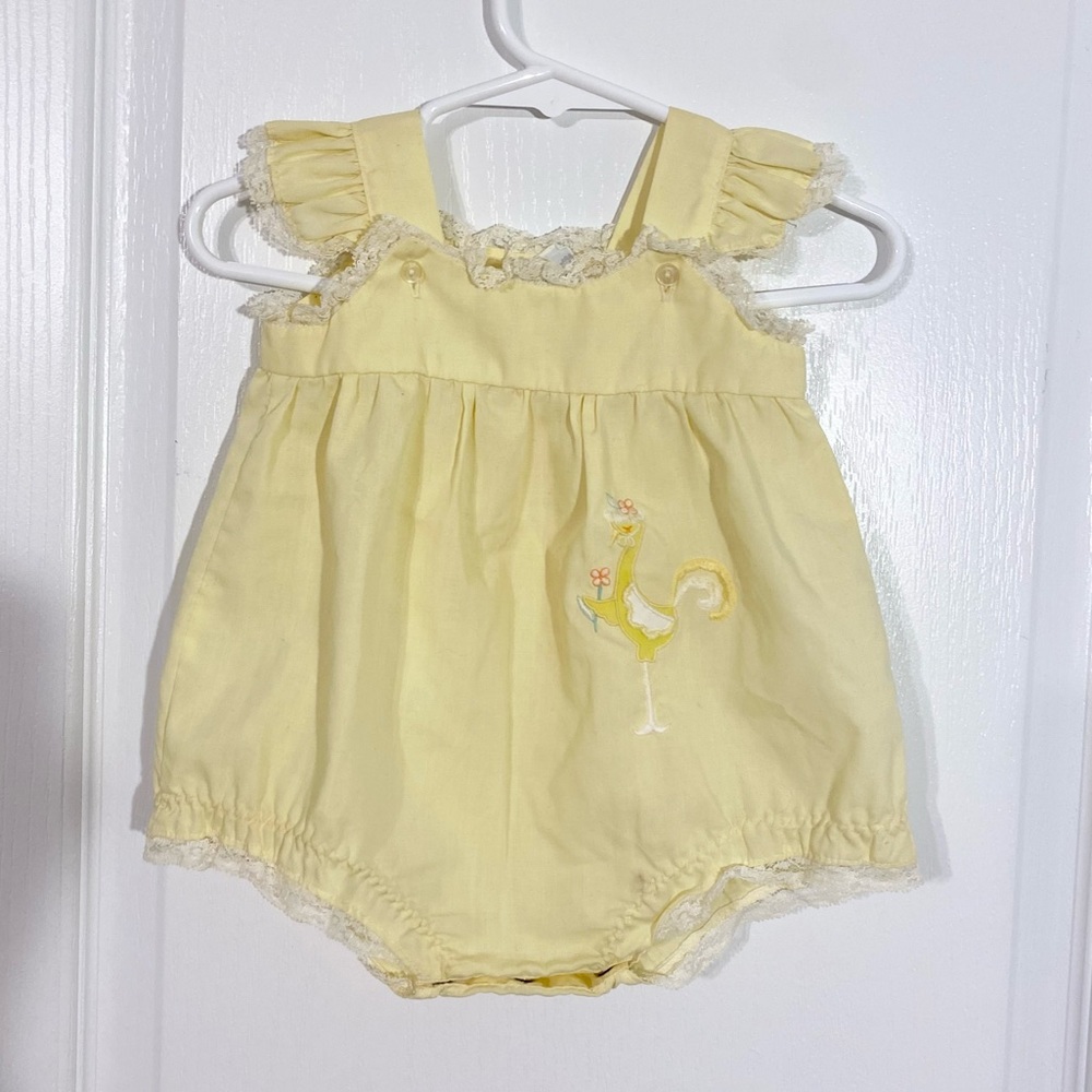 70s Nanette Embroidered Chick Lace Trim Romper & Bonnet Vintage Yellow Size 0